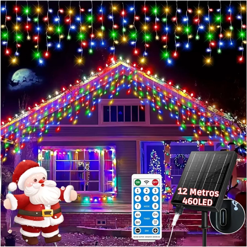 LUCES DE NAVIDAD SOLARES DE CASCADA 12 METROS 460 LED MULTICOLOR CON CONTROL REMOTO, 8 MODOS Y CARGA SOLAR + USB TIPO C - 1