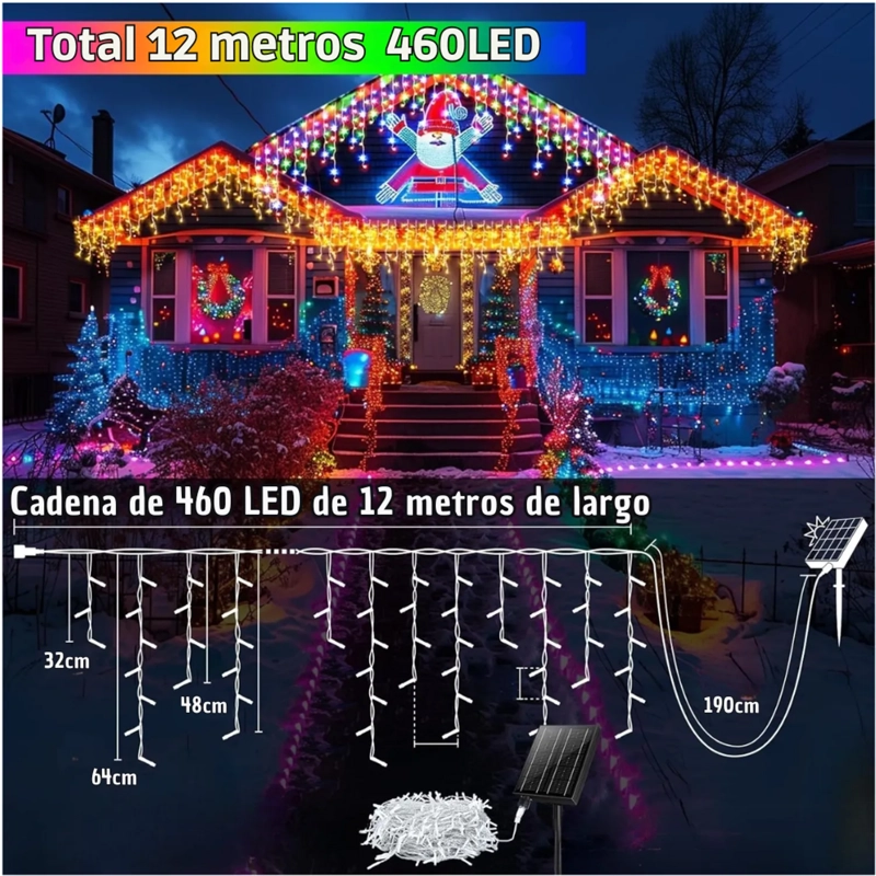 LUCES DE NAVIDAD SOLARES DE CASCADA 12 METROS 460 LED MULTICOLOR CON CONTROL REMOTO, 8 MODOS Y CARGA SOLAR + USB TIPO C - 3
