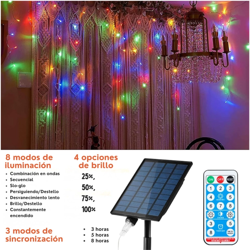 LUCES DE NAVIDAD SOLARES DE CASCADA 12 METROS 460 LED MULTICOLOR CON CONTROL REMOTO, 8 MODOS Y CARGA SOLAR + USB TIPO C - 4