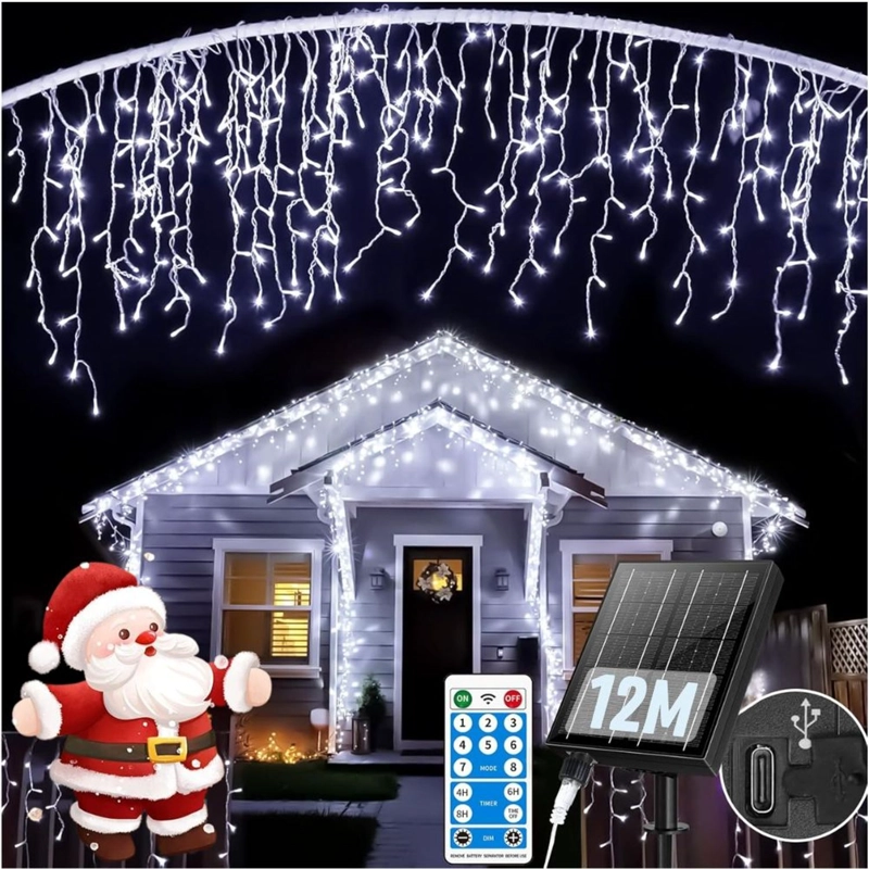 LUCES DE NAVIDAD SOLARES DE CASCADA 12 METROS 460 LED BLANCO CON CONTROL REMOTO, 8 MODOS Y CARGA SOLAR + USB TIPO C - 1