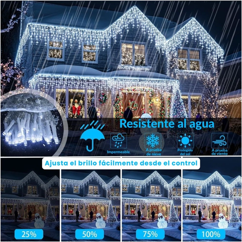 LUCES DE NAVIDAD SOLARES DE CASCADA 12 METROS 460 LED BLANCO CON CONTROL REMOTO, 8 MODOS Y CARGA SOLAR + USB TIPO C - 2
