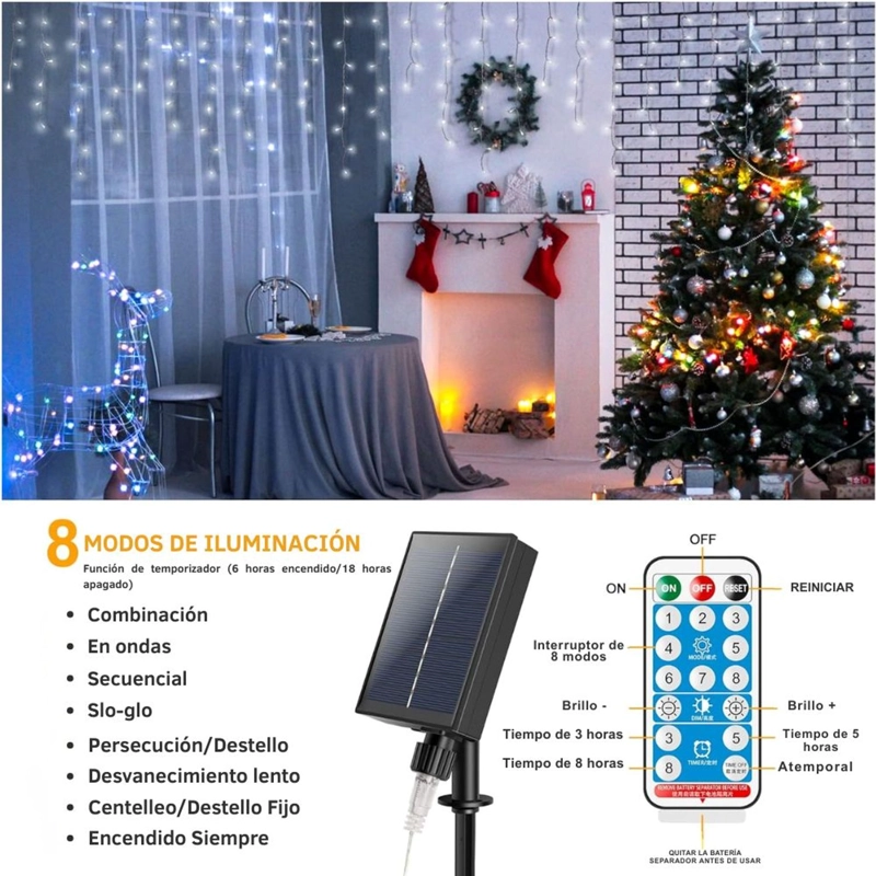 LUCES DE NAVIDAD SOLARES DE CASCADA 12 METROS 460 LED BLANCO CON CONTROL REMOTO, 8 MODOS Y CARGA SOLAR + USB TIPO C - 3