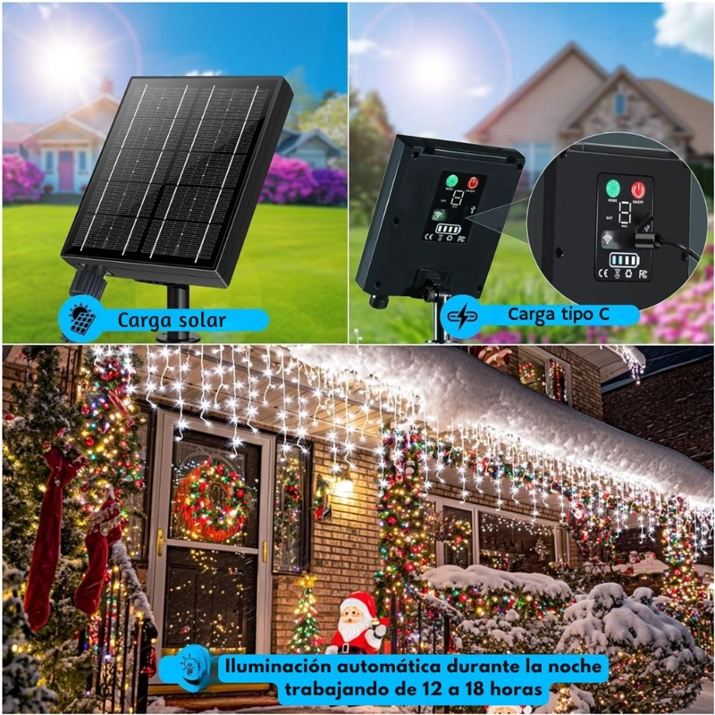 LUCES DE NAVIDAD SOLARES DE CASCADA 12 METROS 460 LED BLANCO CON CONTROL REMOTO, 8 MODOS Y CARGA SOLAR + USB TIPO C - 4