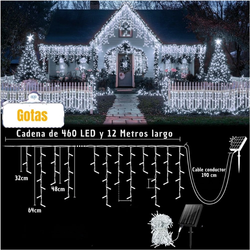 LUCES DE NAVIDAD SOLARES DE CASCADA 12 METROS 460 LED BLANCO CON CONTROL REMOTO, 8 MODOS Y CARGA SOLAR + USB TIPO C - 5
