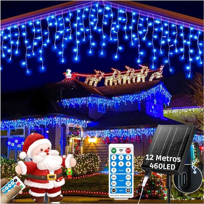 LUCES DE NAVIDAD SOLARES DE CASCADA 12 METROS 460 LED AZUL CON CONTROL REMOTO, 8 MODOS Y CARGA SOLAR + USB TIPO C - 1