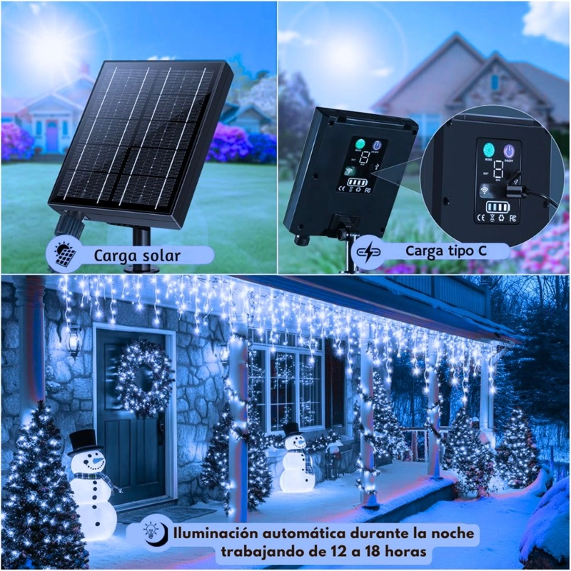 LUCES DE NAVIDAD SOLARES DE CASCADA 12 METROS 460 LED AZUL CON CONTROL REMOTO, 8 MODOS Y CARGA SOLAR + USB TIPO C - 2