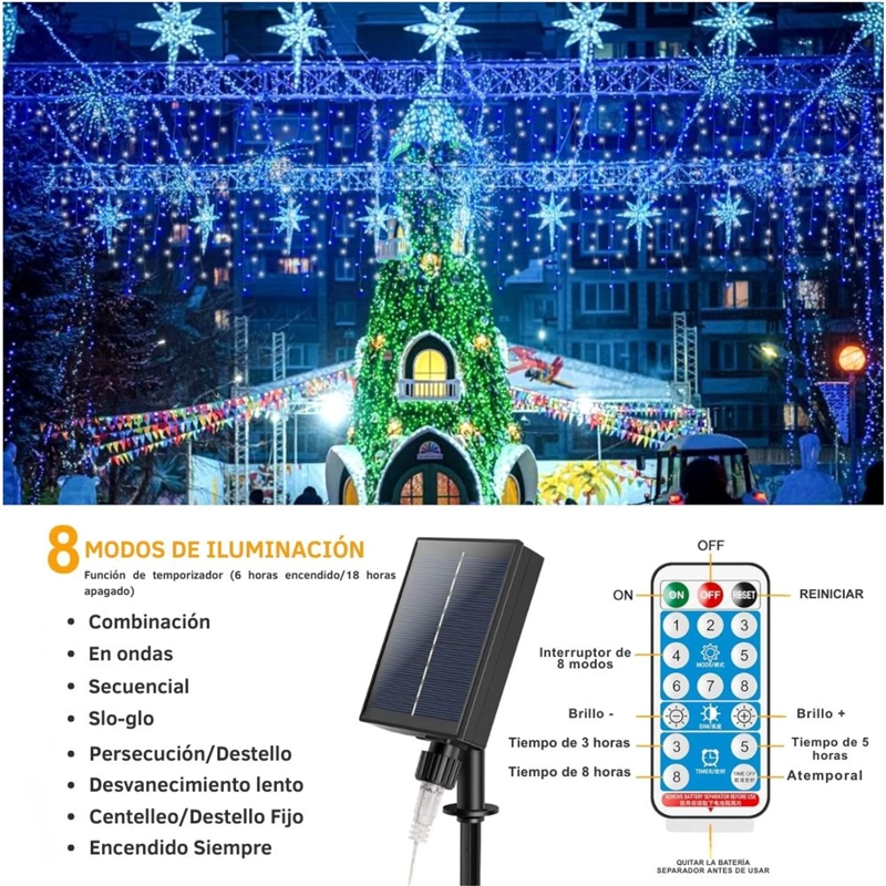 LUCES DE NAVIDAD SOLARES DE CASCADA 12 METROS 460 LED AZUL CON CONTROL REMOTO, 8 MODOS Y CARGA SOLAR + USB TIPO C - 3