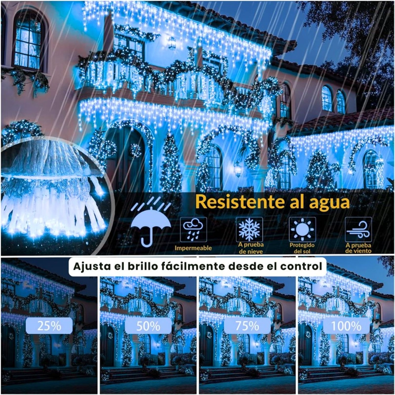 LUCES DE NAVIDAD SOLARES DE CASCADA 12 METROS 460 LED AZUL CON CONTROL REMOTO, 8 MODOS Y CARGA SOLAR + USB TIPO C - 4