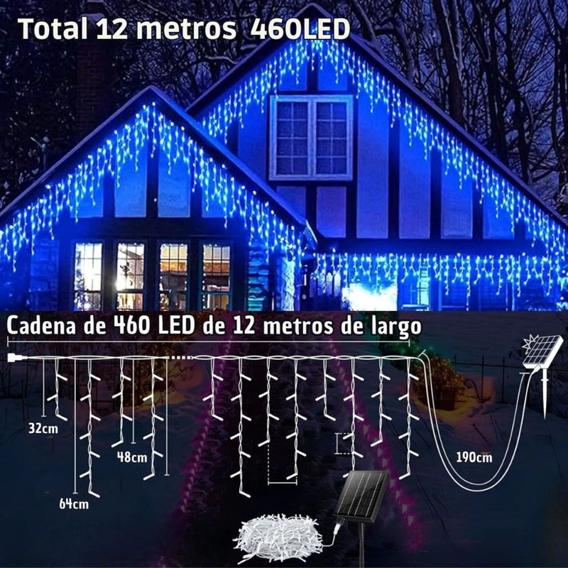 LUCES DE NAVIDAD SOLARES DE CASCADA 12 METROS 460 LED AZUL CON CONTROL REMOTO, 8 MODOS Y CARGA SOLAR + USB TIPO C - 5