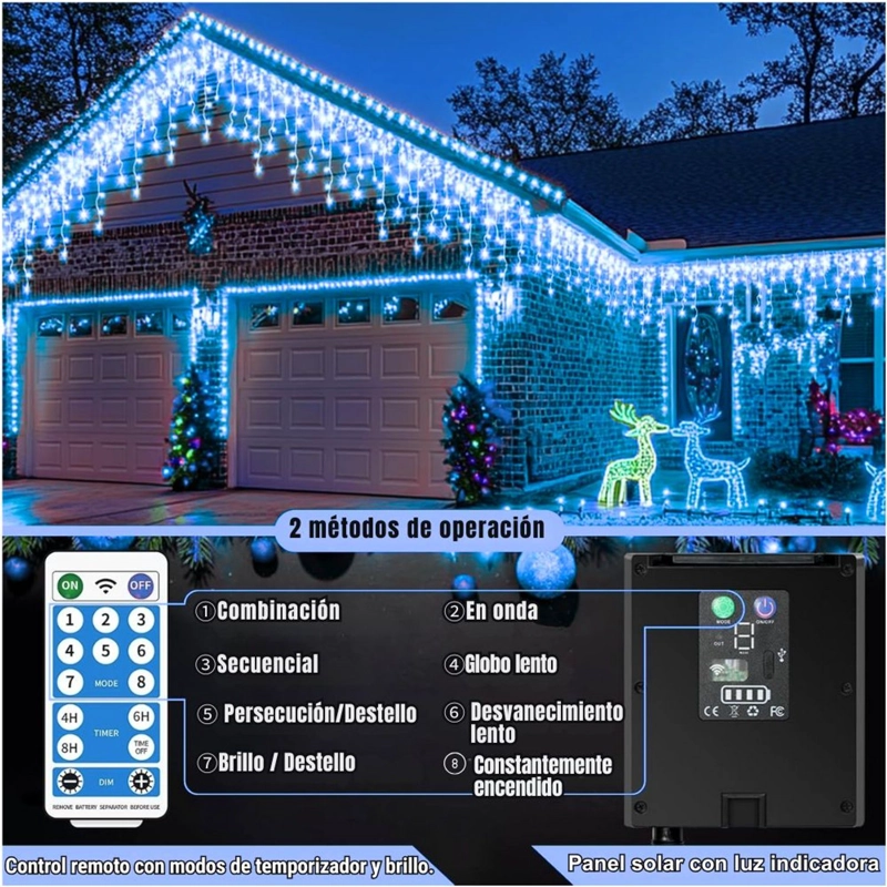 LUCES DE NAVIDAD SOLARES DE CASCADA 12 METROS 460 LED AZUL CON CONTROL REMOTO, 8 MODOS Y CARGA SOLAR + USB TIPO C - 6