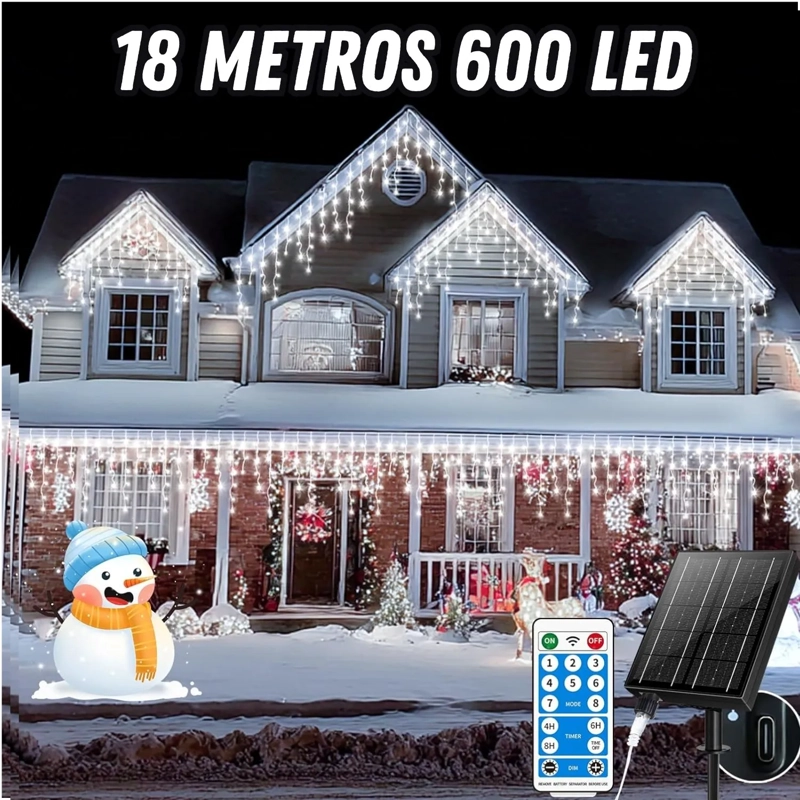 LUCES CASCADA SOLARES 18 METROS 600 LED BLANCO CON DOBLE CARGA USB TIPO C – IMPERMEABLES IP44 PARA EXTERIOR E INTERIOR - 1