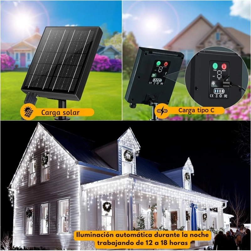 LUCES CASCADA SOLARES 18 METROS 600 LED BLANCO CON DOBLE CARGA USB TIPO C – IMPERMEABLES IP44 PARA EXTERIOR E INTERIOR - 2