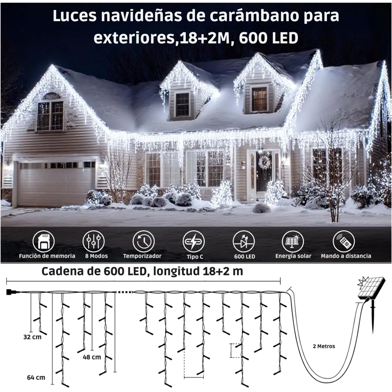 LUCES CASCADA SOLARES 18 METROS 600 LED BLANCO CON DOBLE CARGA USB TIPO C – IMPERMEABLES IP44 PARA EXTERIOR E INTERIOR - 7