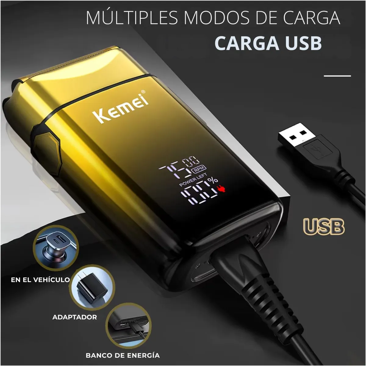 Afeitadora Eléctrica Kemei KM-TX10 Shaver Profesional Recargable USB Dorado - 4