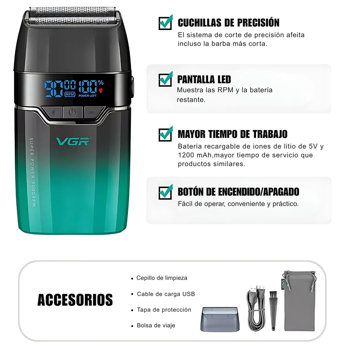 Afeitadora Eléctrica Profesional Recargable VGR V-308 Verde - 4