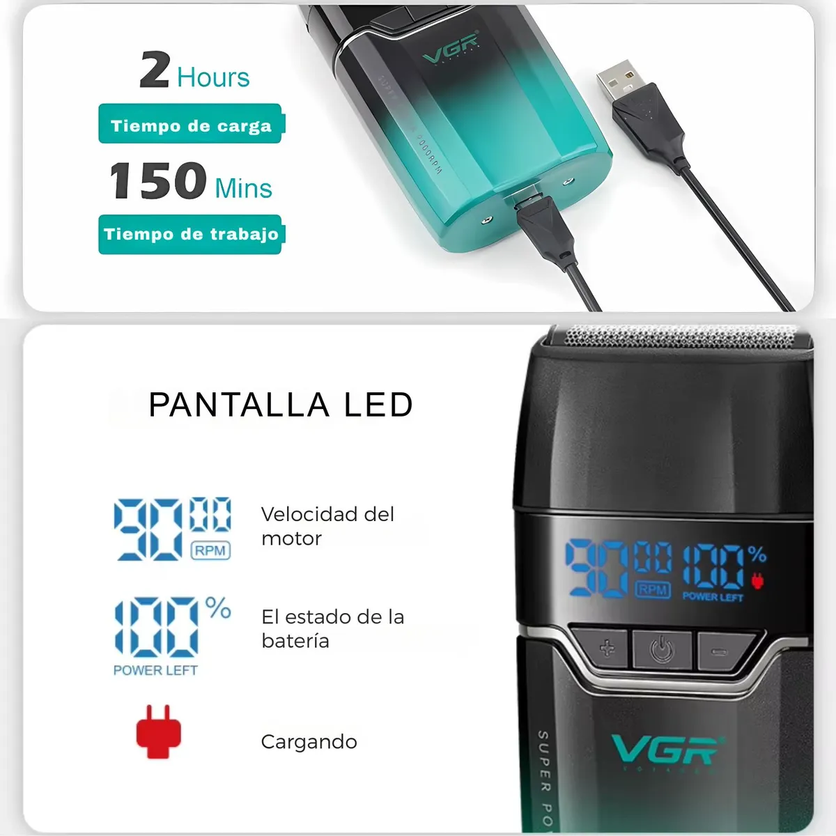 Afeitadora Eléctrica Profesional Recargable VGR V-308 Verde - 5