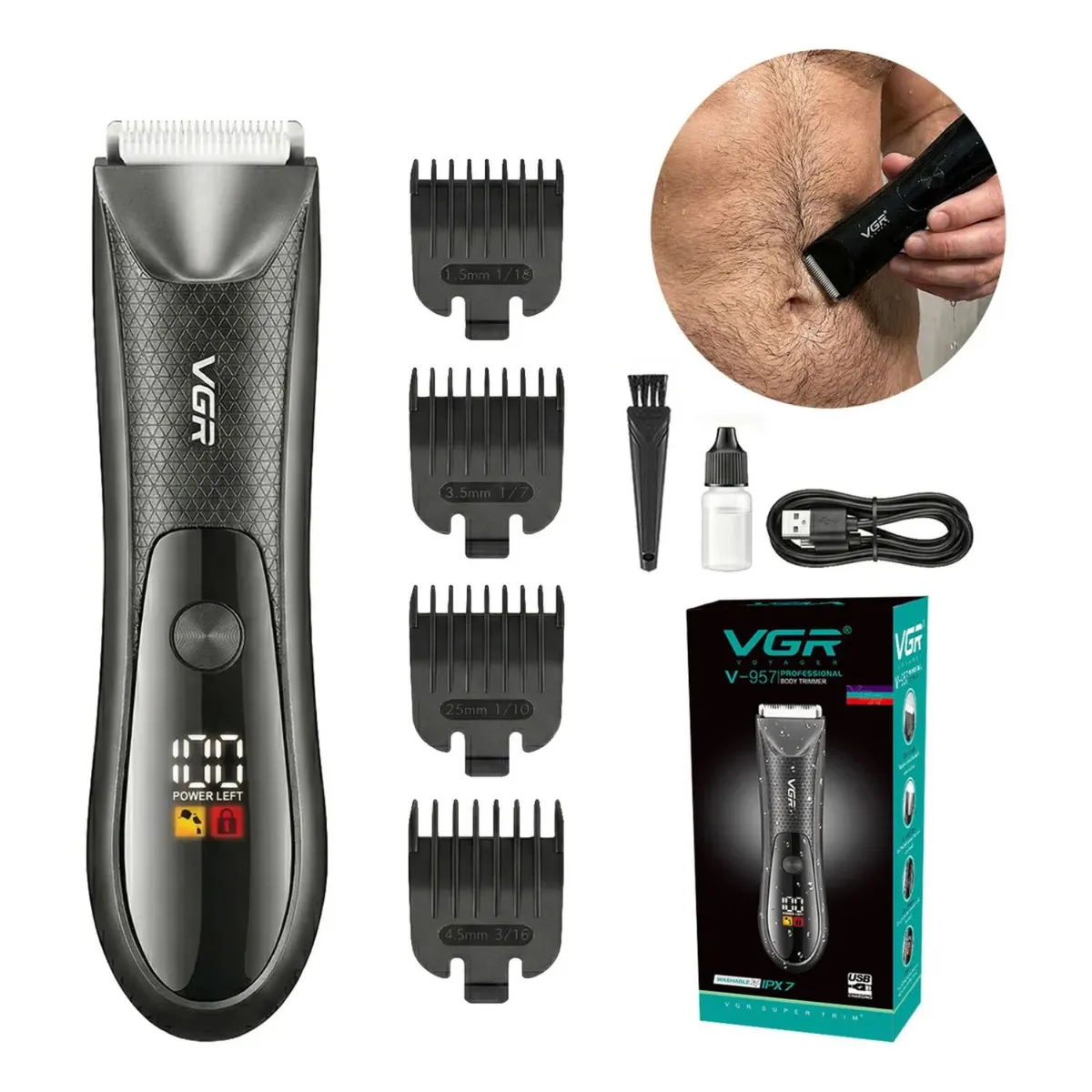 AFEITADORA ÍNTIMA MASCULINA CORPORAL IMPERMEABLE IPX7 CON GUÍAS DE CORTE Y LUZ LED - 1