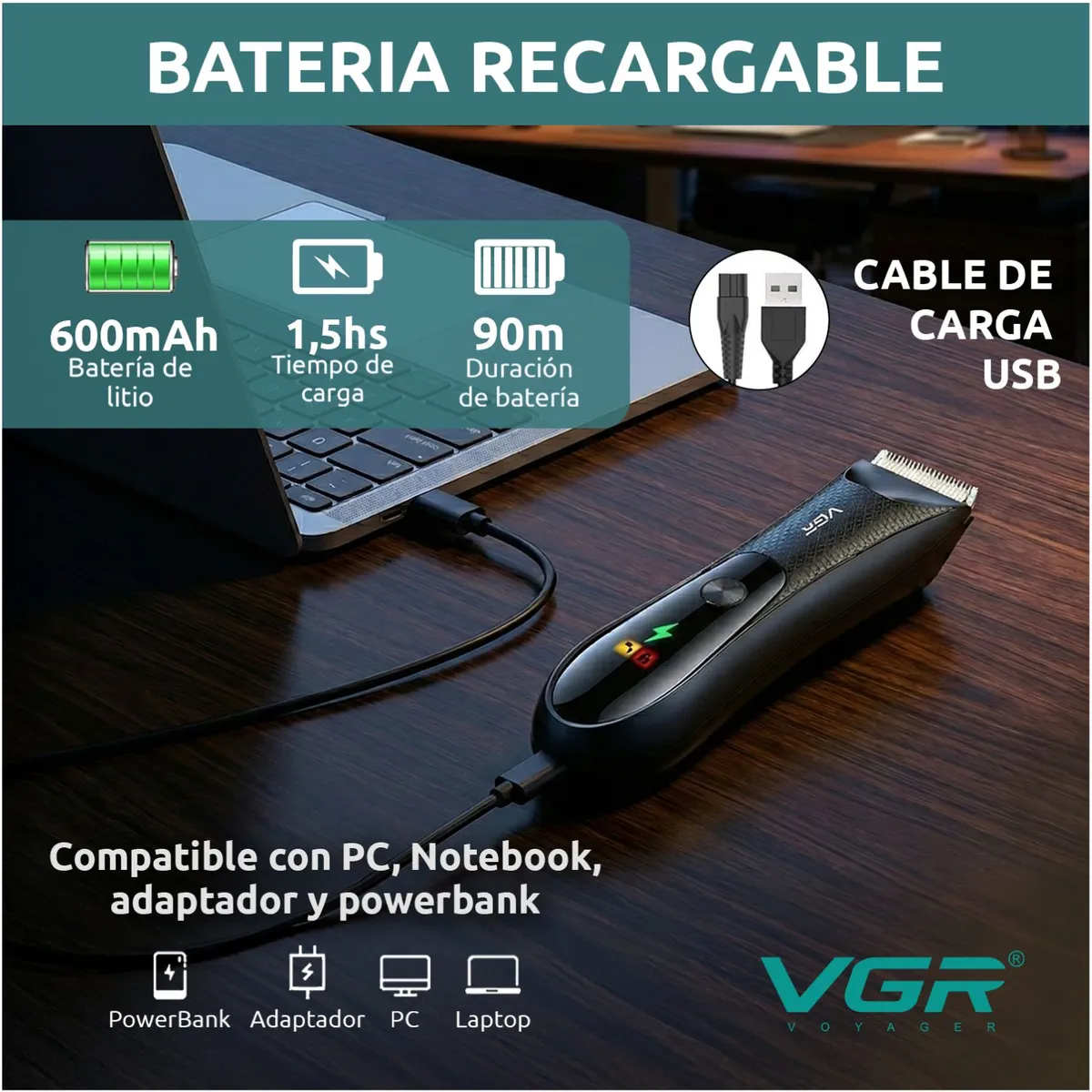 AFEITADORA ÍNTIMA MASCULINA CORPORAL IMPERMEABLE IPX7 CON GUÍAS DE CORTE Y LUZ LED - 2