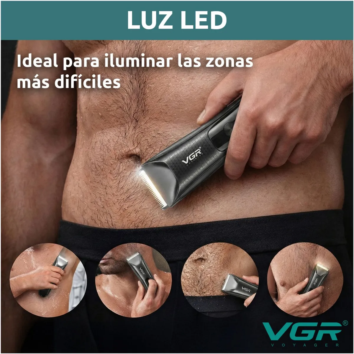 AFEITADORA ÍNTIMA MASCULINA CORPORAL IMPERMEABLE IPX7 CON GUÍAS DE CORTE Y LUZ LED - 5