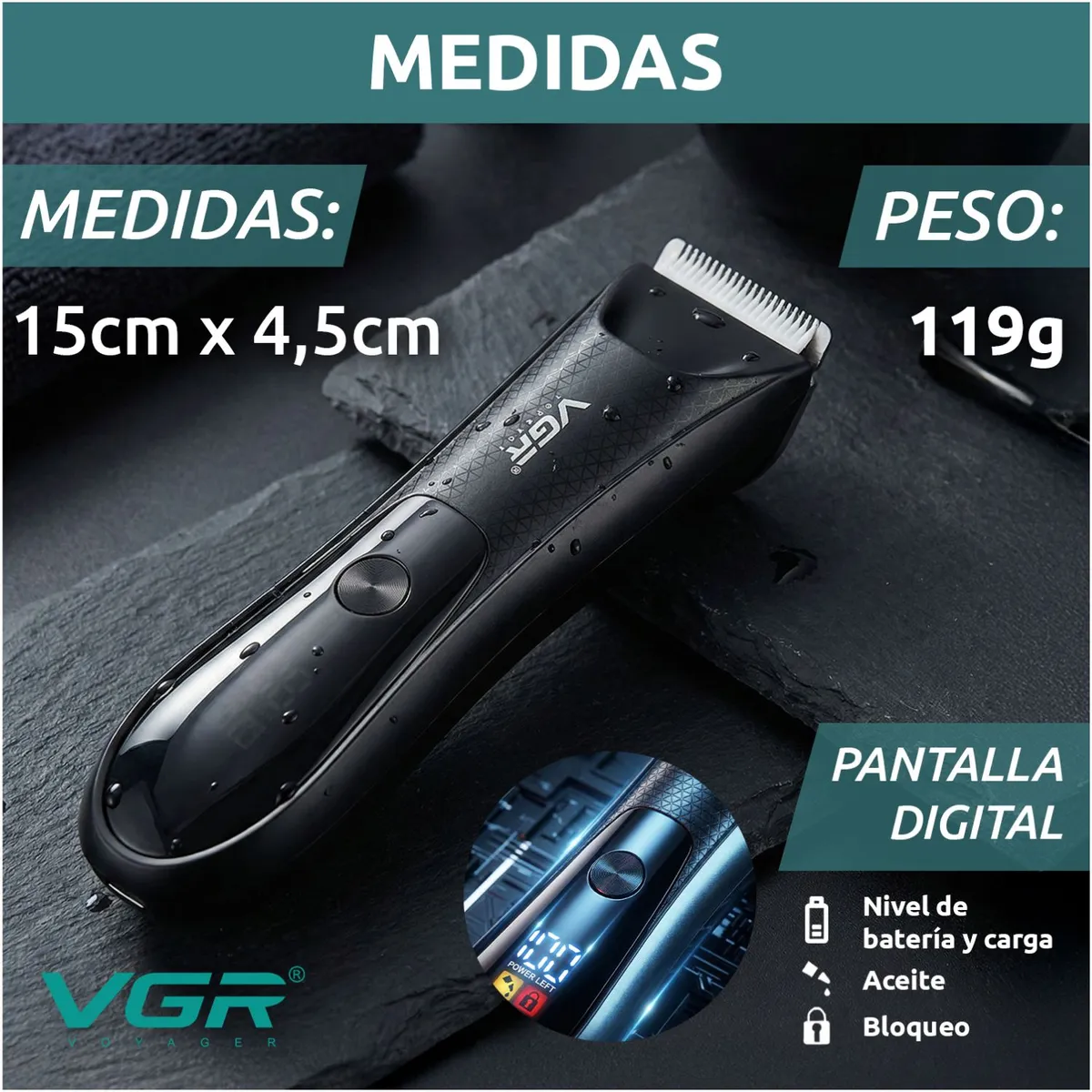 AFEITADORA ÍNTIMA MASCULINA CORPORAL IMPERMEABLE IPX7 CON GUÍAS DE CORTE Y LUZ LED - 7