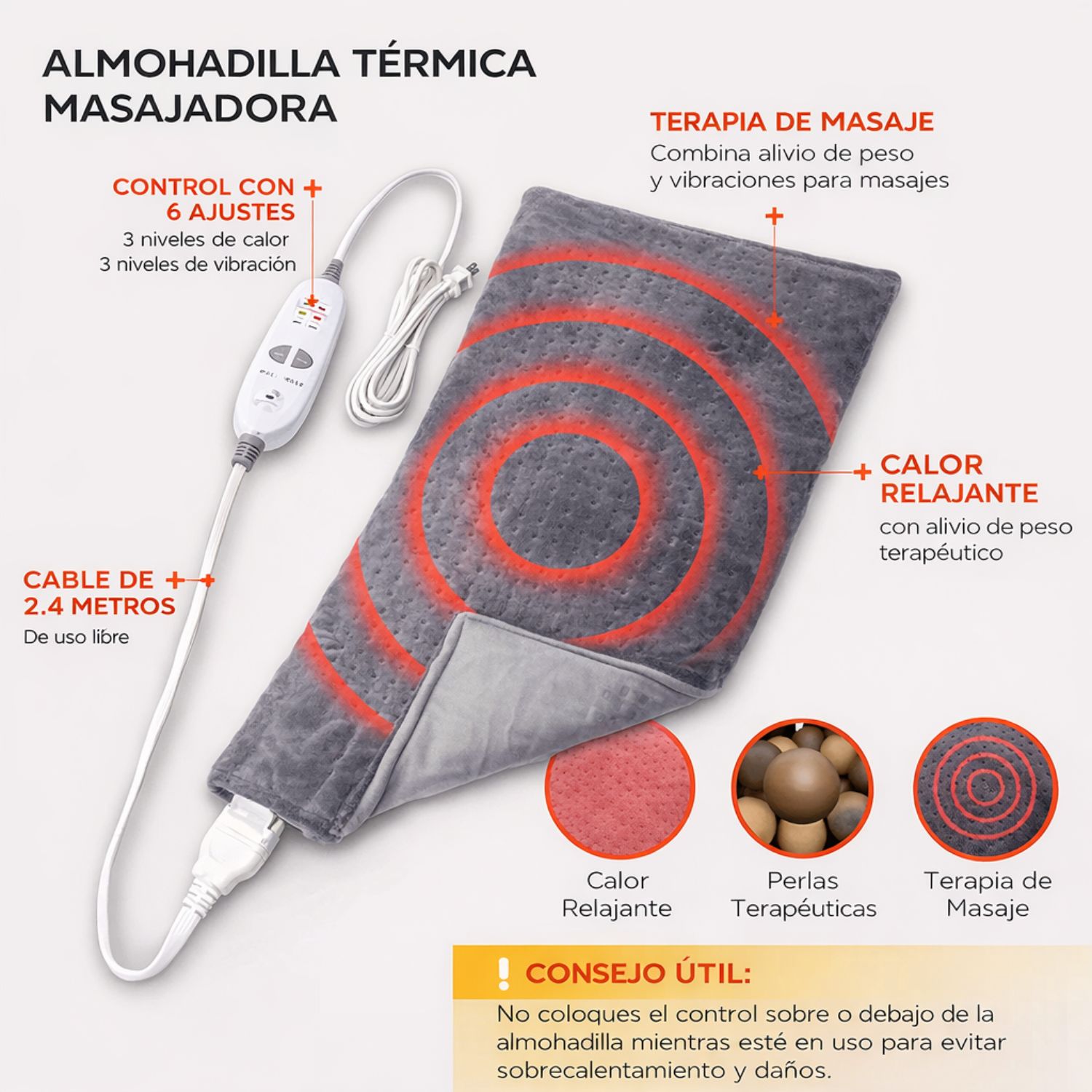 MANTA ELÉCTRICA TÉRMICA CON MASAJE VIBRATORIO, CALOR AJUSTABLE Y FRANELA SUAVE - 5