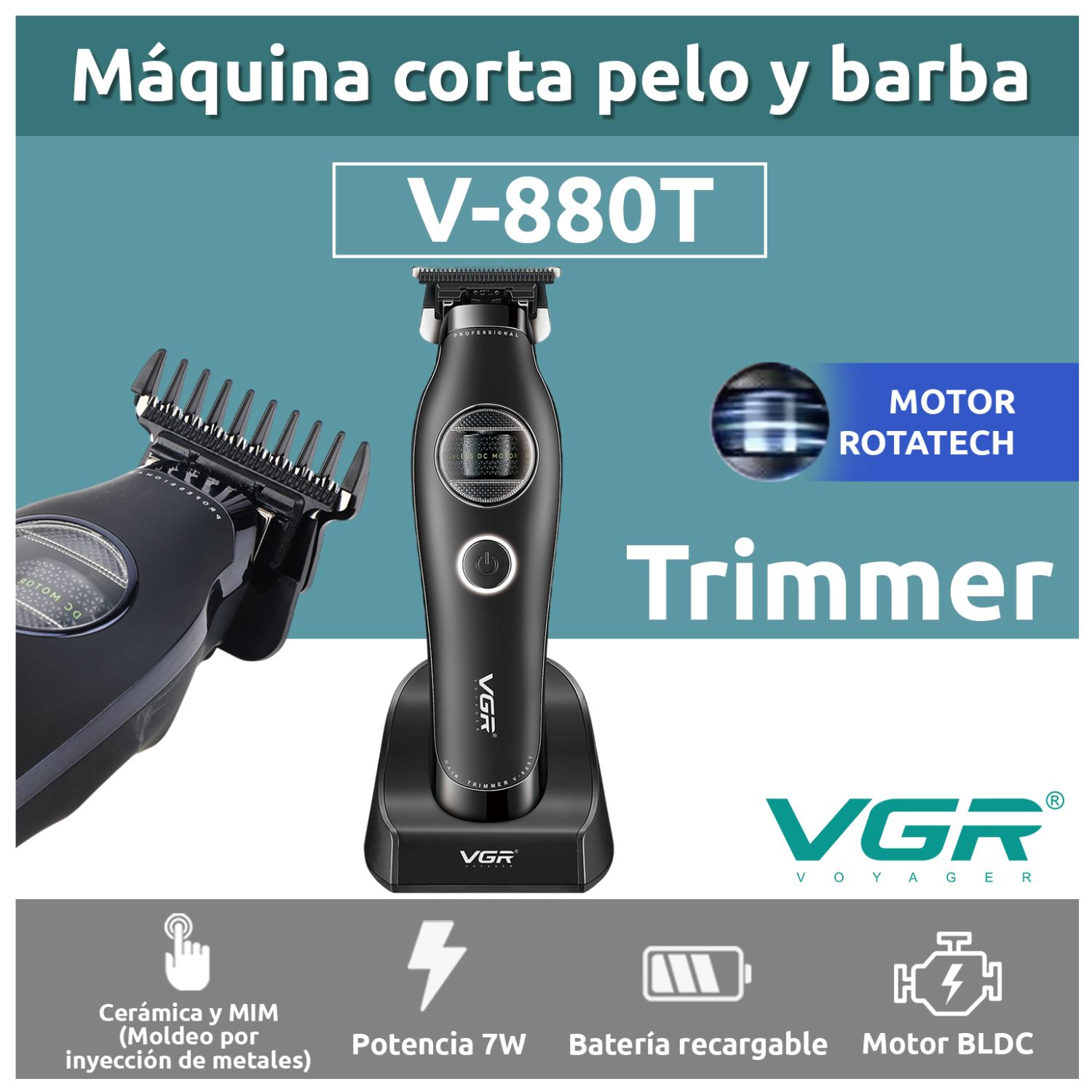 CORTADORA PELO PATILLERA VGR V-880T PROFESIONAL BLDC 7200RPM RECARGABLE - 3