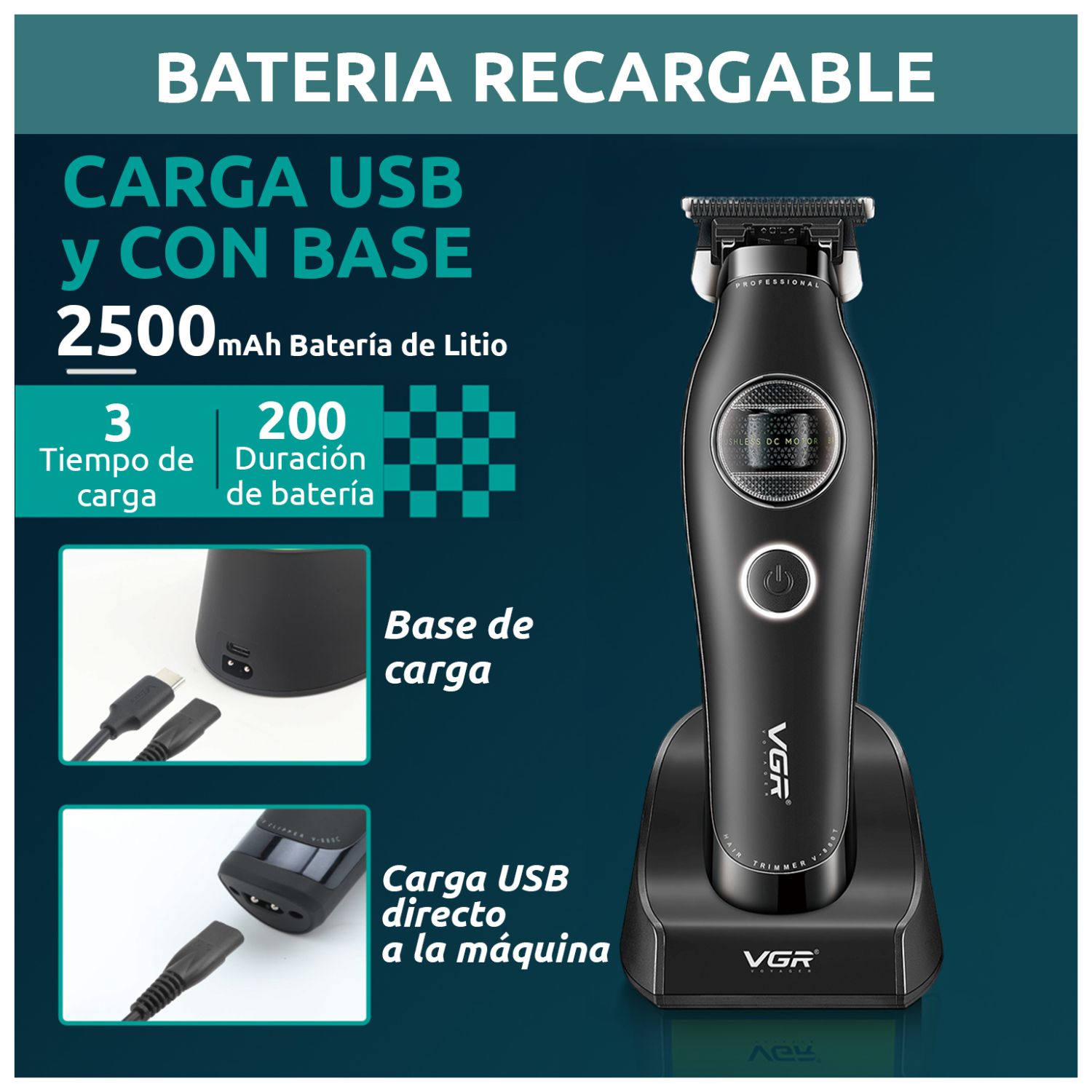 CORTADORA PELO PATILLERA VGR V-880T PROFESIONAL BLDC 7200RPM RECARGABLE - 6