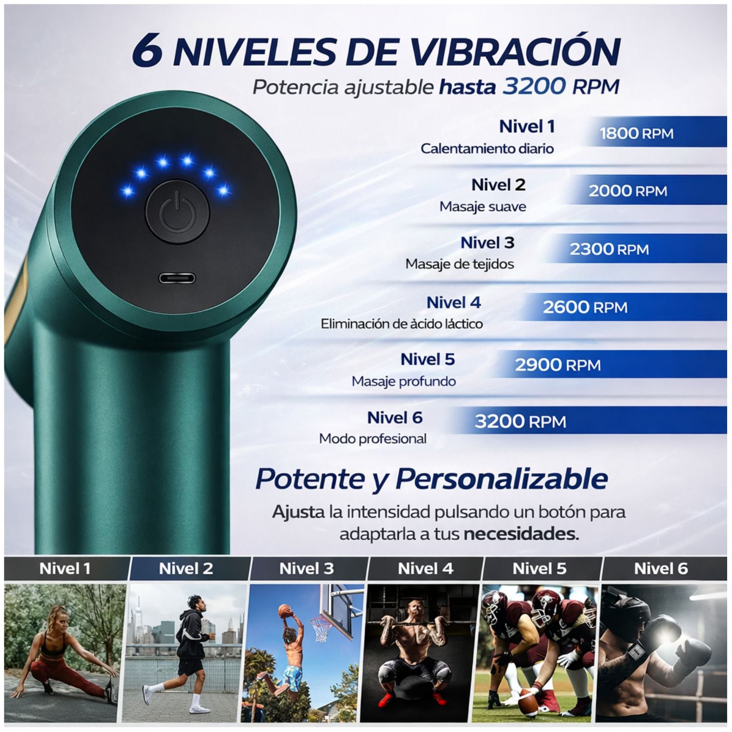 MASAJEADOR MUSCULAR TERAPÉUTICO PORTÁTIL TERAPIA PERCUSIÓN 6 NIVELES RECARGABLE SILENCIOSO COMPACTO - 3