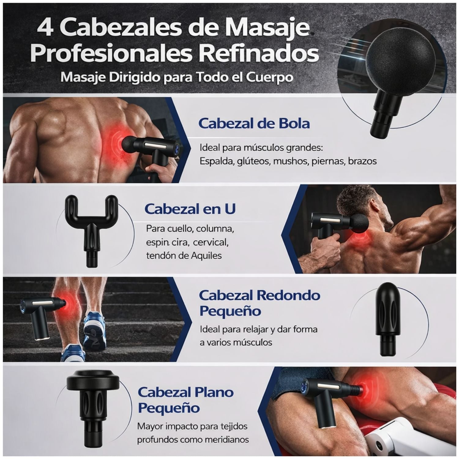 PISTOLA DE MASAJE MUSCULAR PROFESIONAL PORTÁTIL RECARGABLE 6 VELOCIDADES 4 CABEZALES ALIVIO DOLOR CORPORAL - 4