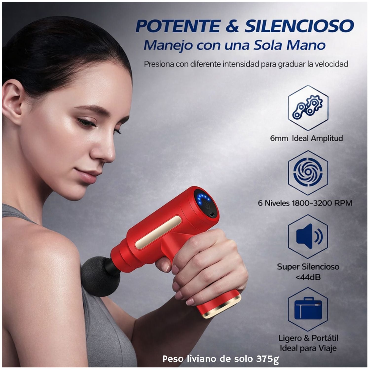 PISTOLA DE MASAJE MUSCULAR PROFESIONAL PORTÁTIL RECARGABLE 6 VELOCIDADES 4 CABEZALES ALIVIO DOLOR CORPORAL - 6