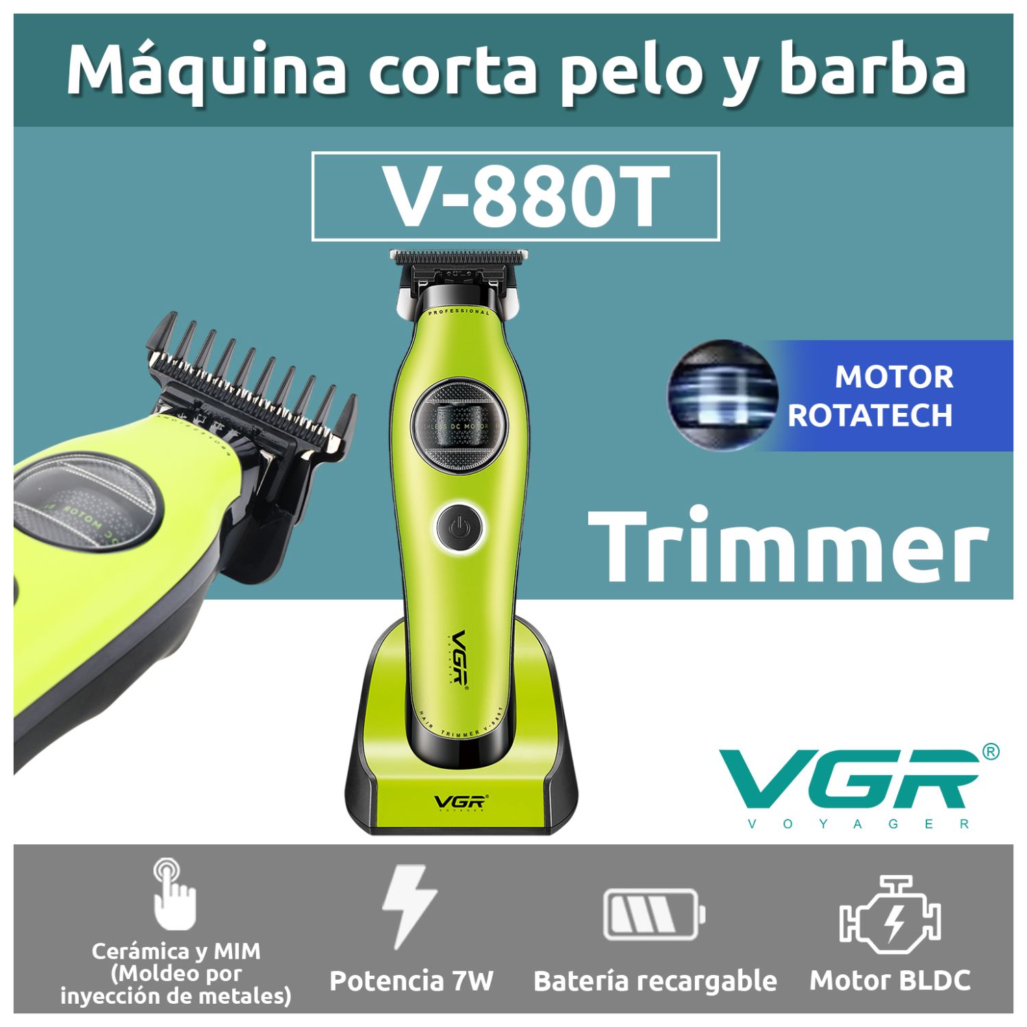 CORTADORA PELO PATILLERA VGR V-880T PROFESIONAL BLDC 7200RPM RECARGABLE - 2
