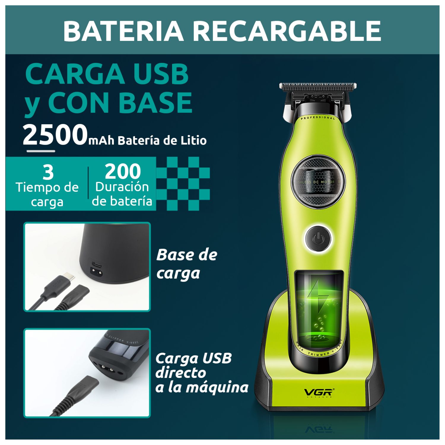 CORTADORA PELO PATILLERA VGR V-880T PROFESIONAL BLDC 7200RPM RECARGABLE - 5