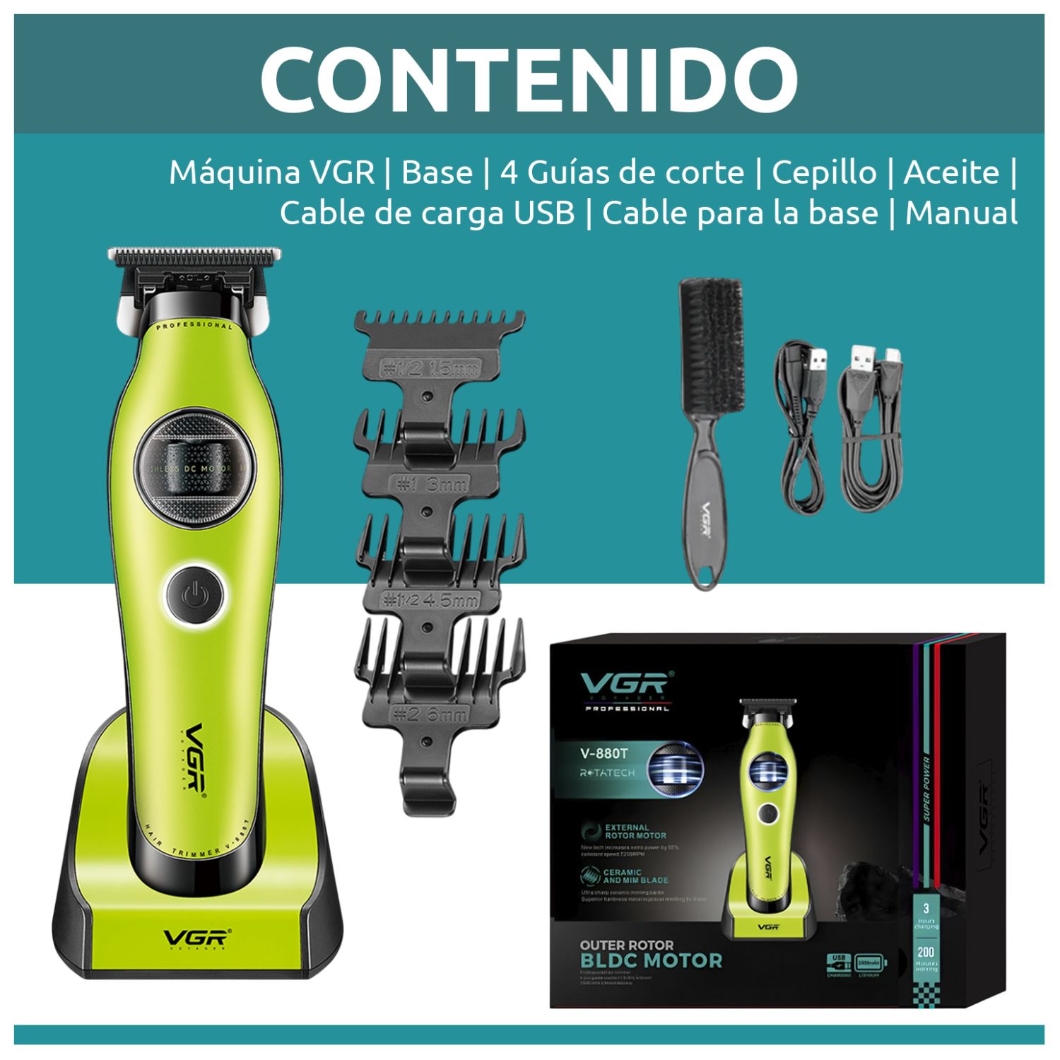 CORTADORA PELO PATILLERA VGR V-880T PROFESIONAL BLDC 7200RPM RECARGABLE - 9