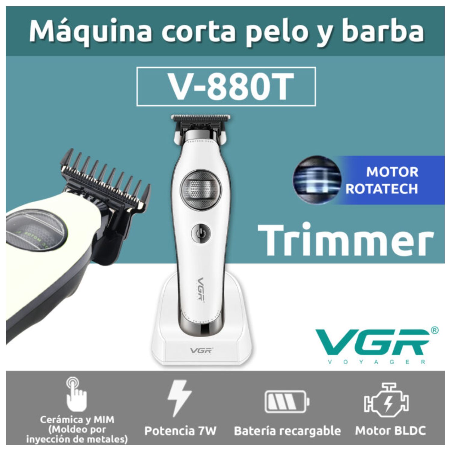 CORTADORA PELO PATILLERA VGR V-880T PROFESIONAL BLDC 7200RPM RECARGABLE - 2