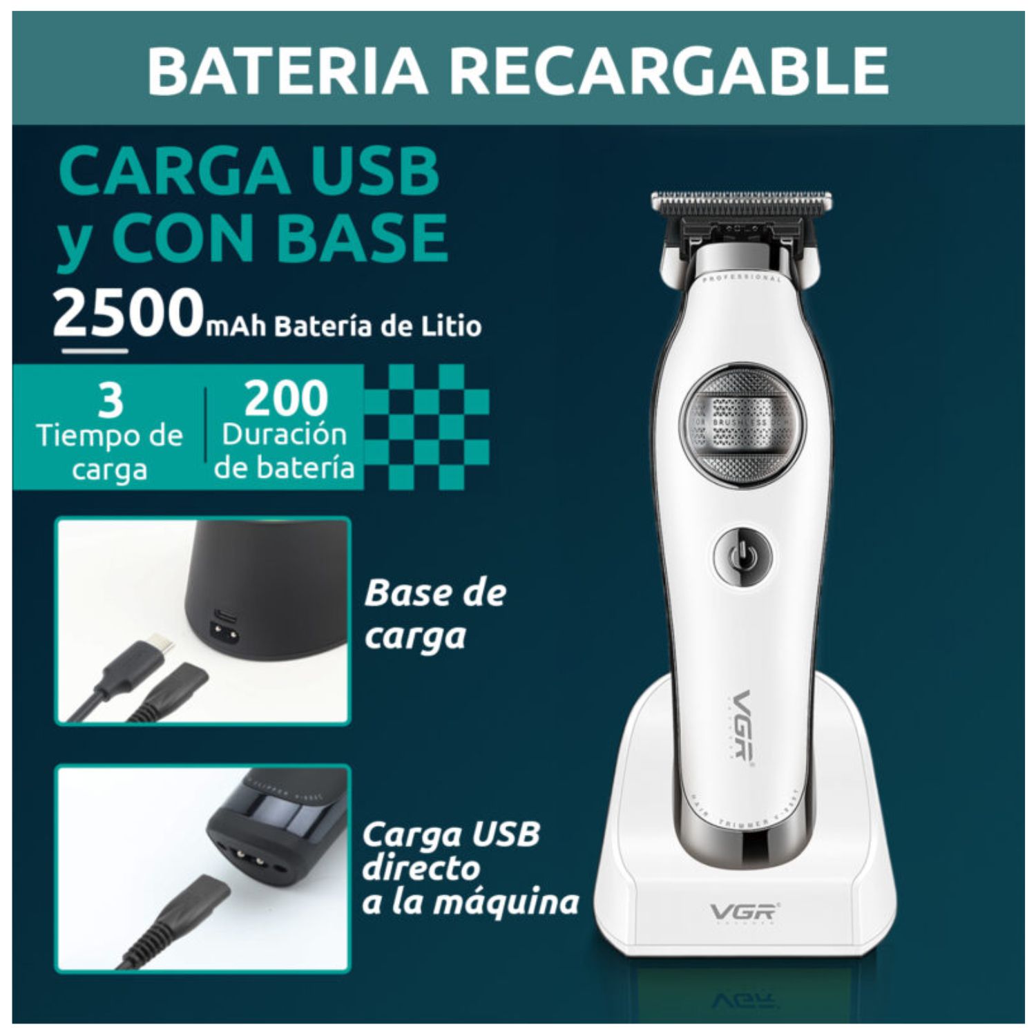 CORTADORA PELO PATILLERA VGR V-880T PROFESIONAL BLDC 7200RPM RECARGABLE - 5
