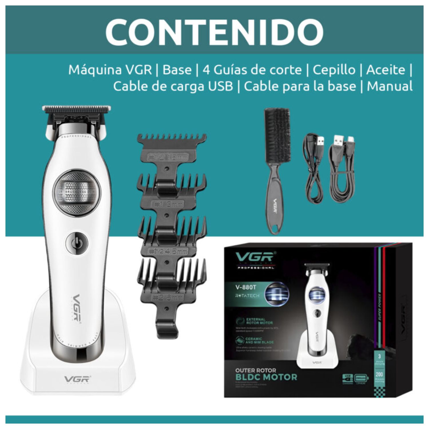 CORTADORA PELO PATILLERA VGR V-880T PROFESIONAL BLDC 7200RPM RECARGABLE - 9