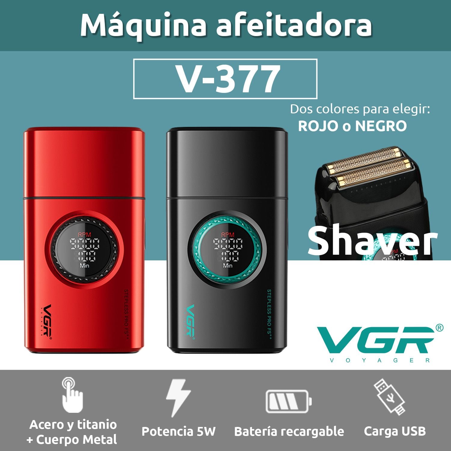 MÁQUINA AFEITAR SHAVER PORTÁTIL RECARGABLE USB 9000 RPM CORTE AL RAS BATERÍA LARGA DURACIÓN PROFESIONAL VGR V-377 - 2