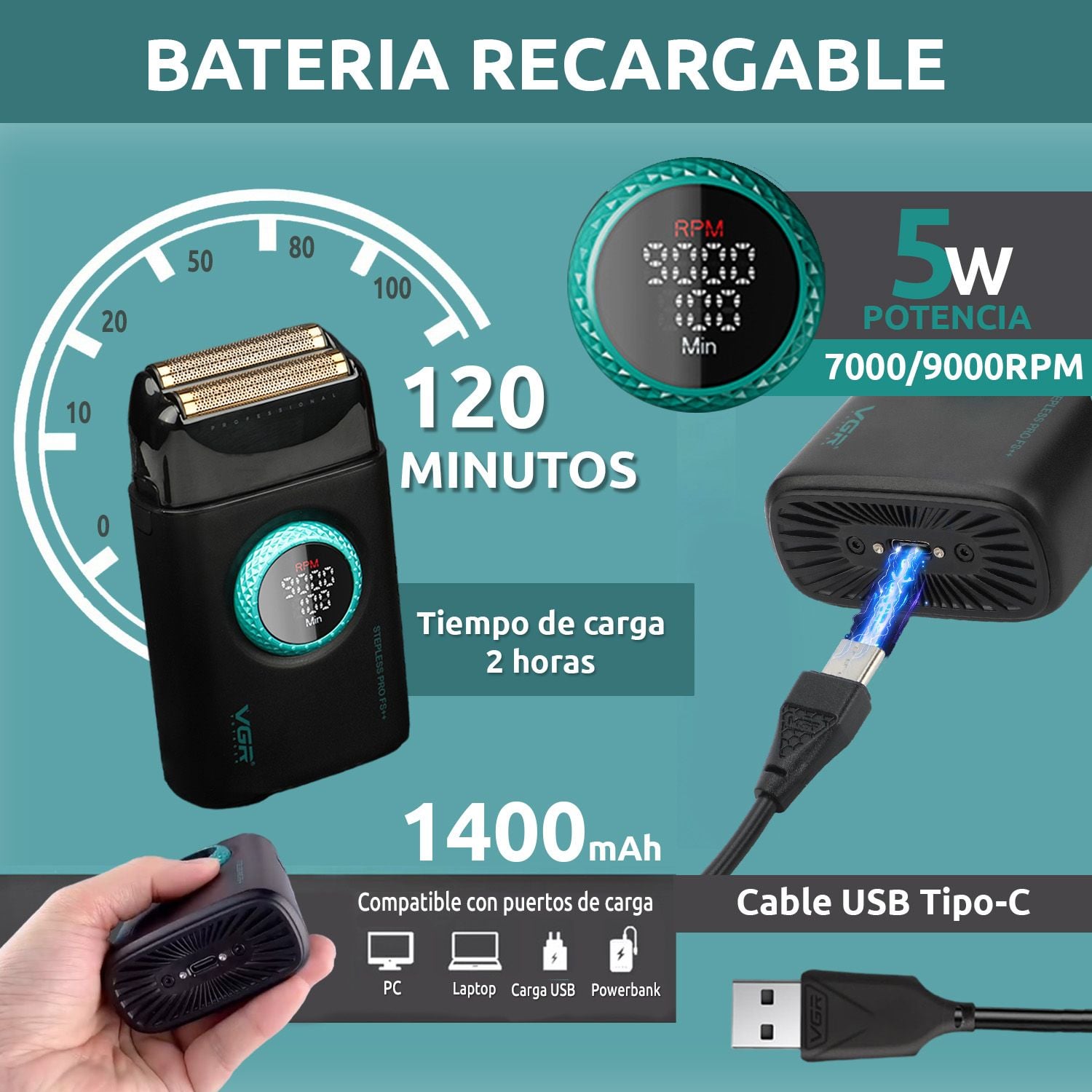MÁQUINA AFEITAR SHAVER PORTÁTIL RECARGABLE USB 9000 RPM CORTE AL RAS BATERÍA LARGA DURACIÓN PROFESIONAL VGR V-377 - 3