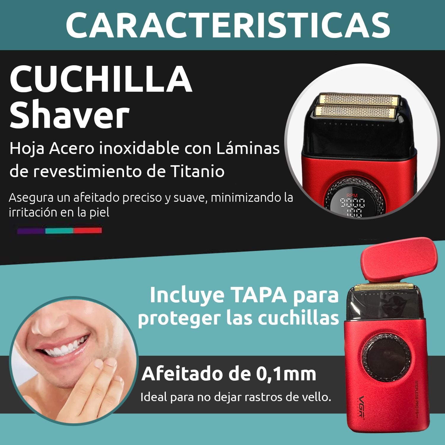 MÁQUINA AFEITAR SHAVER PORTÁTIL RECARGABLE USB 9000 RPM CORTE AL RAS BATERÍA LARGA DURACIÓN PROFESIONAL VGR V-377 - 6