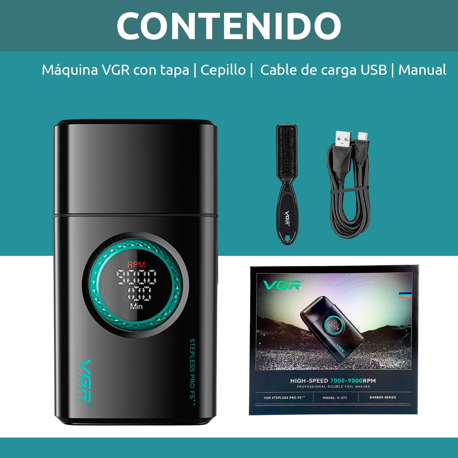 MÁQUINA AFEITAR SHAVER PORTÁTIL RECARGABLE USB 9000 RPM CORTE AL RAS BATERÍA LARGA DURACIÓN PROFESIONAL VGR V-377 - 8