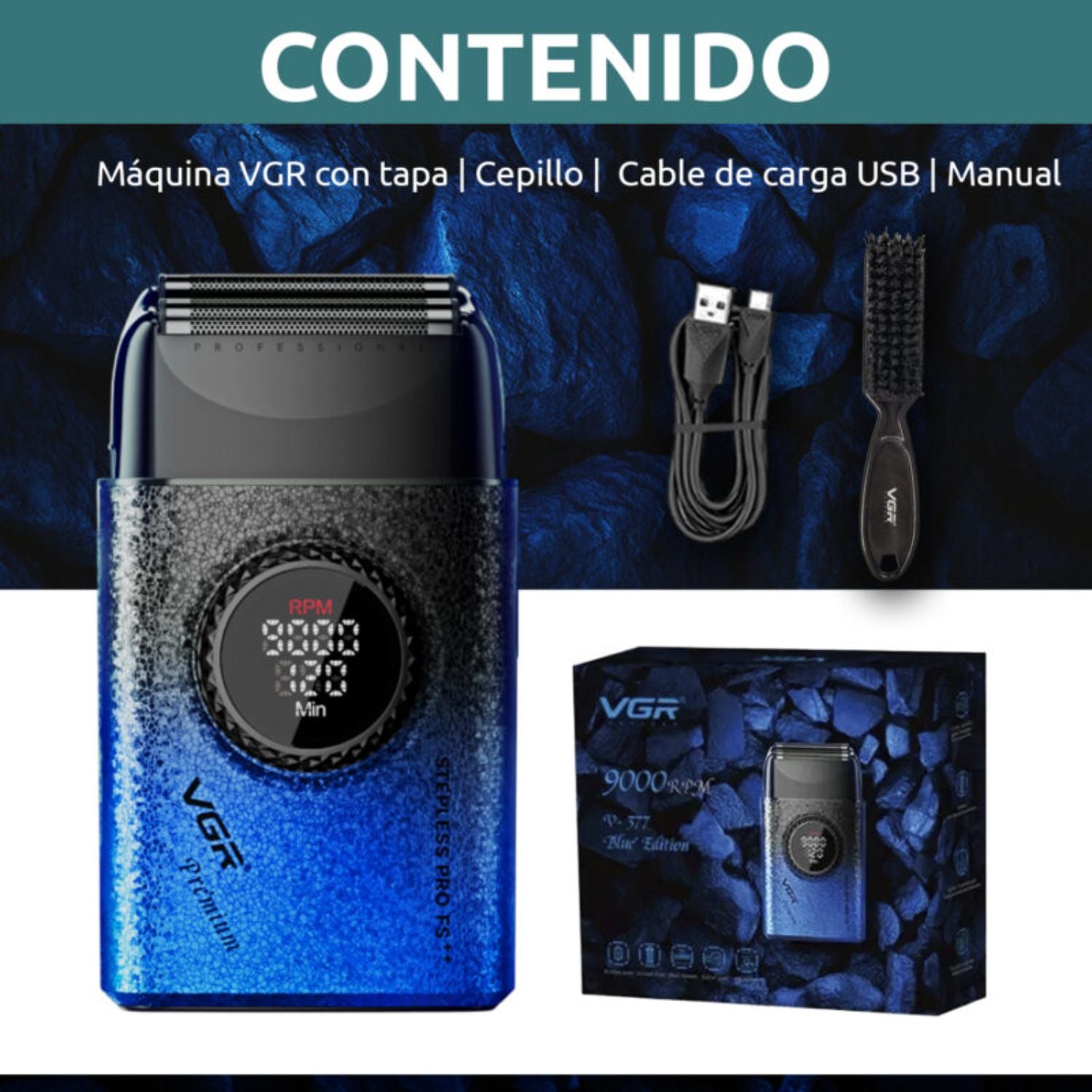 MÁQUINA AFEITAR SHAVER PORTÁTIL RECARGABLE USB 9000 RPM CORTE AL RAS BATERÍA LARGA DURACIÓN PROFESIONAL VGR V-377 - 2