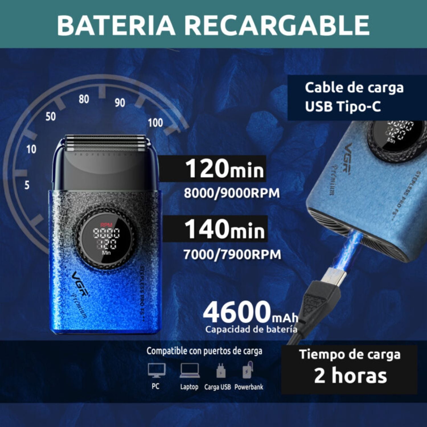 MÁQUINA AFEITAR SHAVER PORTÁTIL RECARGABLE USB 9000 RPM CORTE AL RAS BATERÍA LARGA DURACIÓN PROFESIONAL VGR V-377 - 5