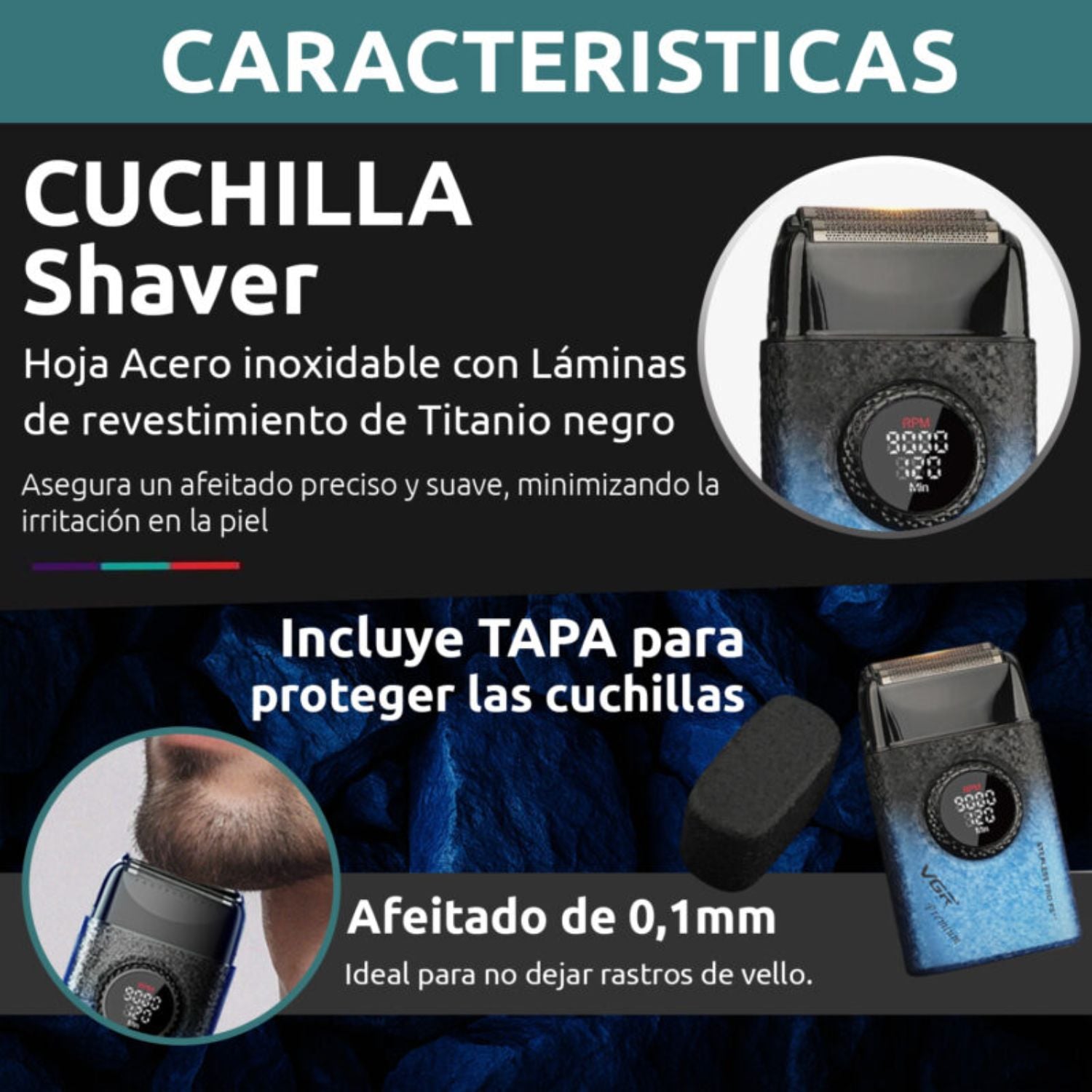 MÁQUINA AFEITAR SHAVER PORTÁTIL RECARGABLE USB 9000 RPM CORTE AL RAS BATERÍA LARGA DURACIÓN PROFESIONAL VGR V-377 - 7