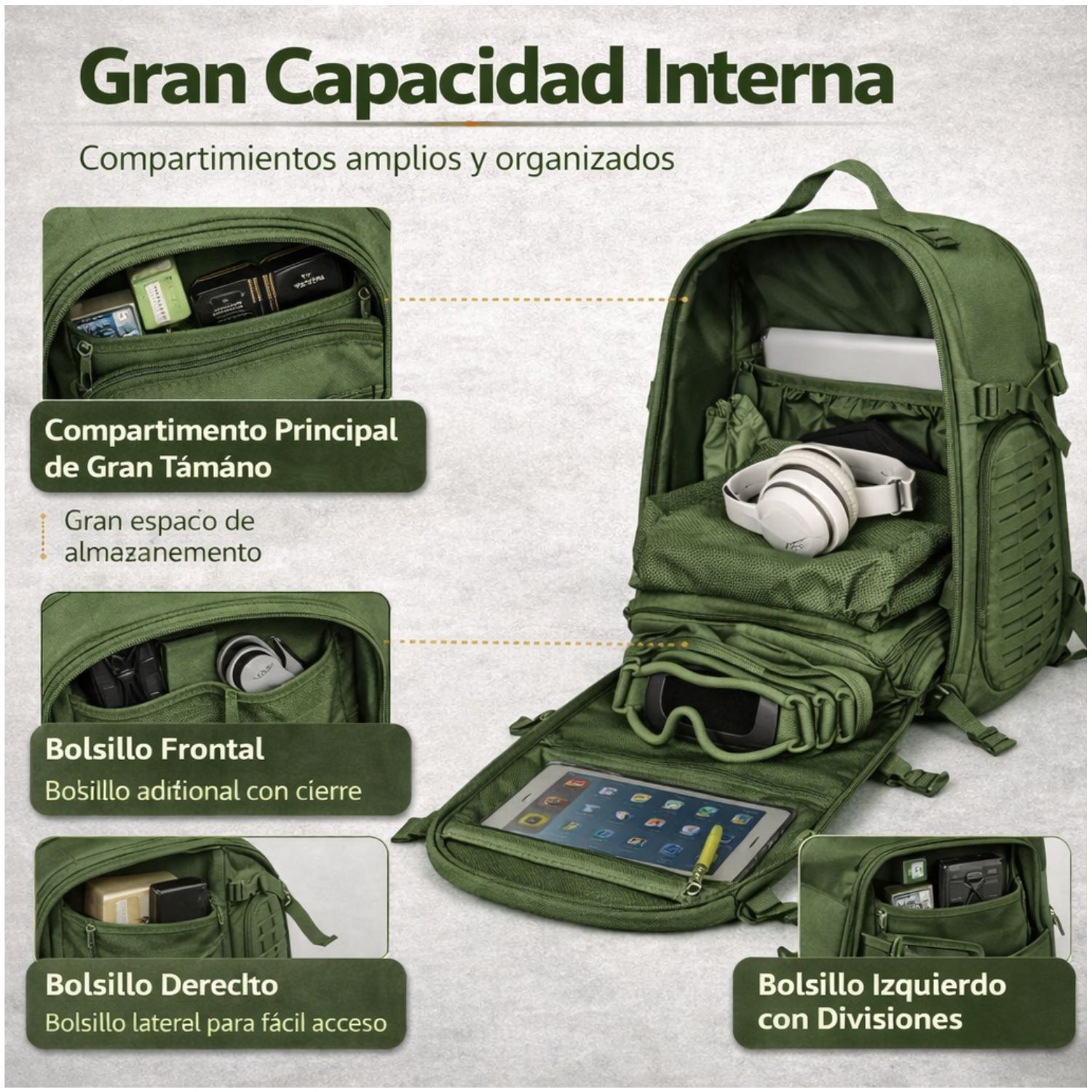 MOCHILA TÁCTICA MILITAR 50L SISTEMA MOLLE RESISTENTE IMPERMEABLE PARA CAMPING VIAJES TREKKING TRABAJO Y USO DIARIO - 4