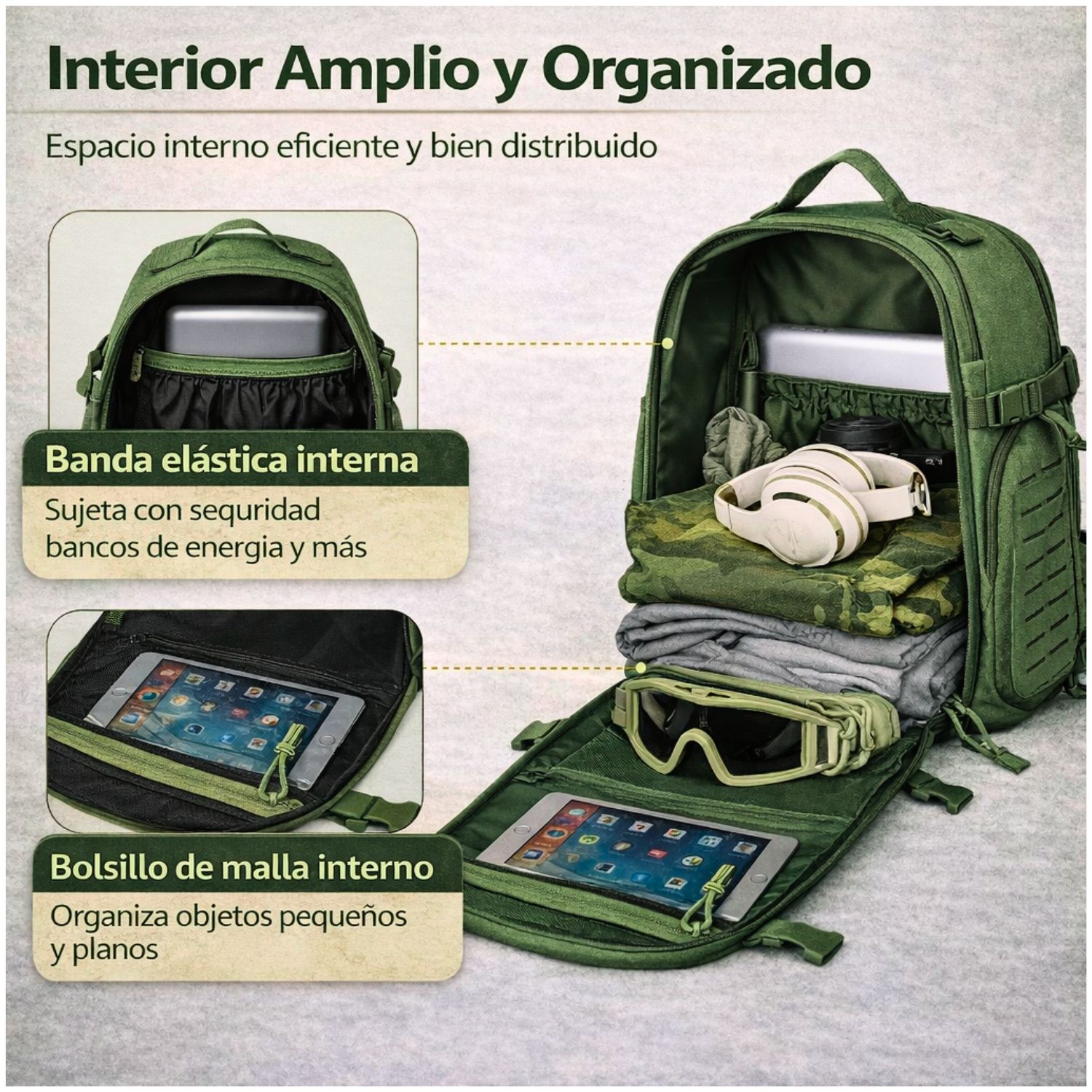 MOCHILA TÁCTICA MILITAR 50L SISTEMA MOLLE RESISTENTE IMPERMEABLE PARA CAMPING VIAJES TREKKING TRABAJO Y USO DIARIO - 5