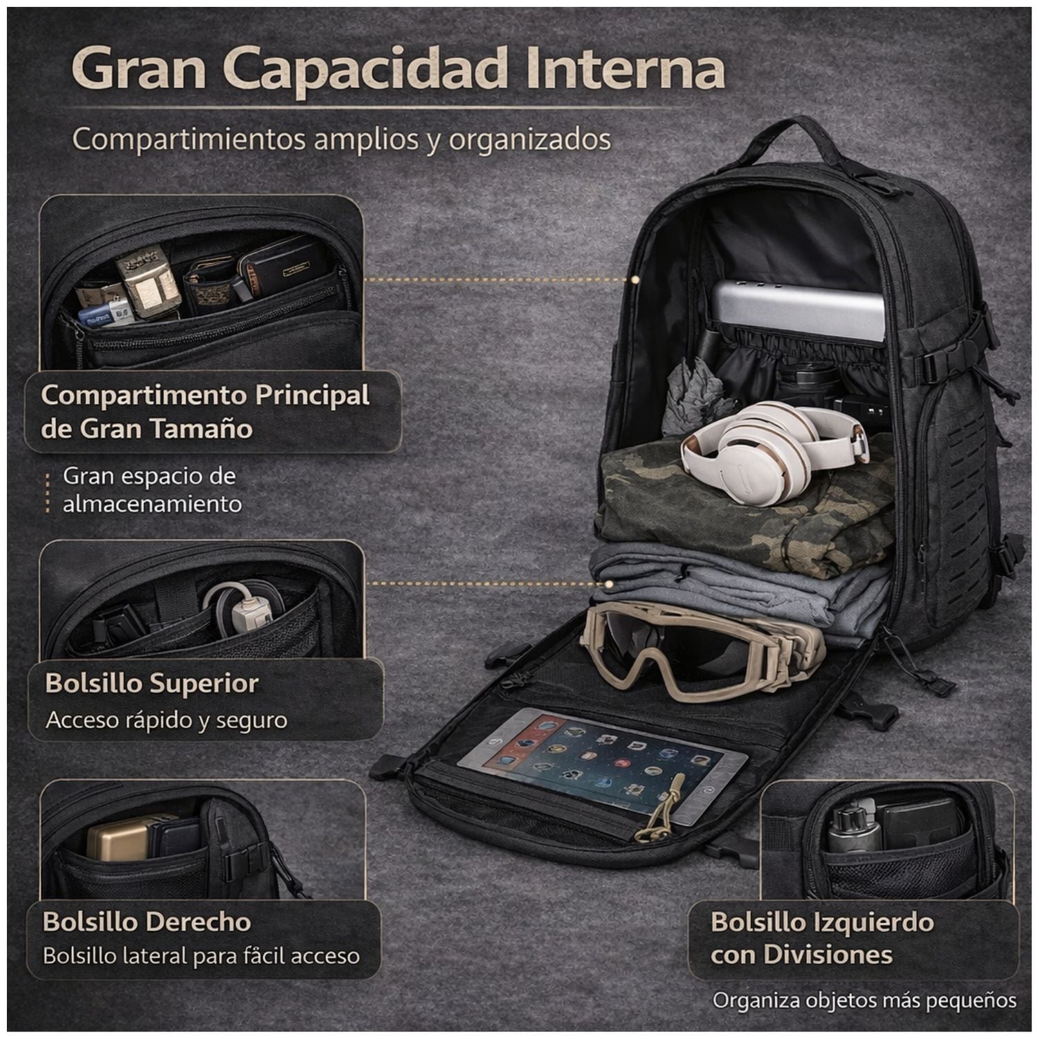 MOCHILA TÁCTICA MILITAR 50L SISTEMA MOLLE RESISTENTE IMPERMEABLE PARA CAMPING VIAJES TREKKING TRABAJO Y USO DIARIO - 4