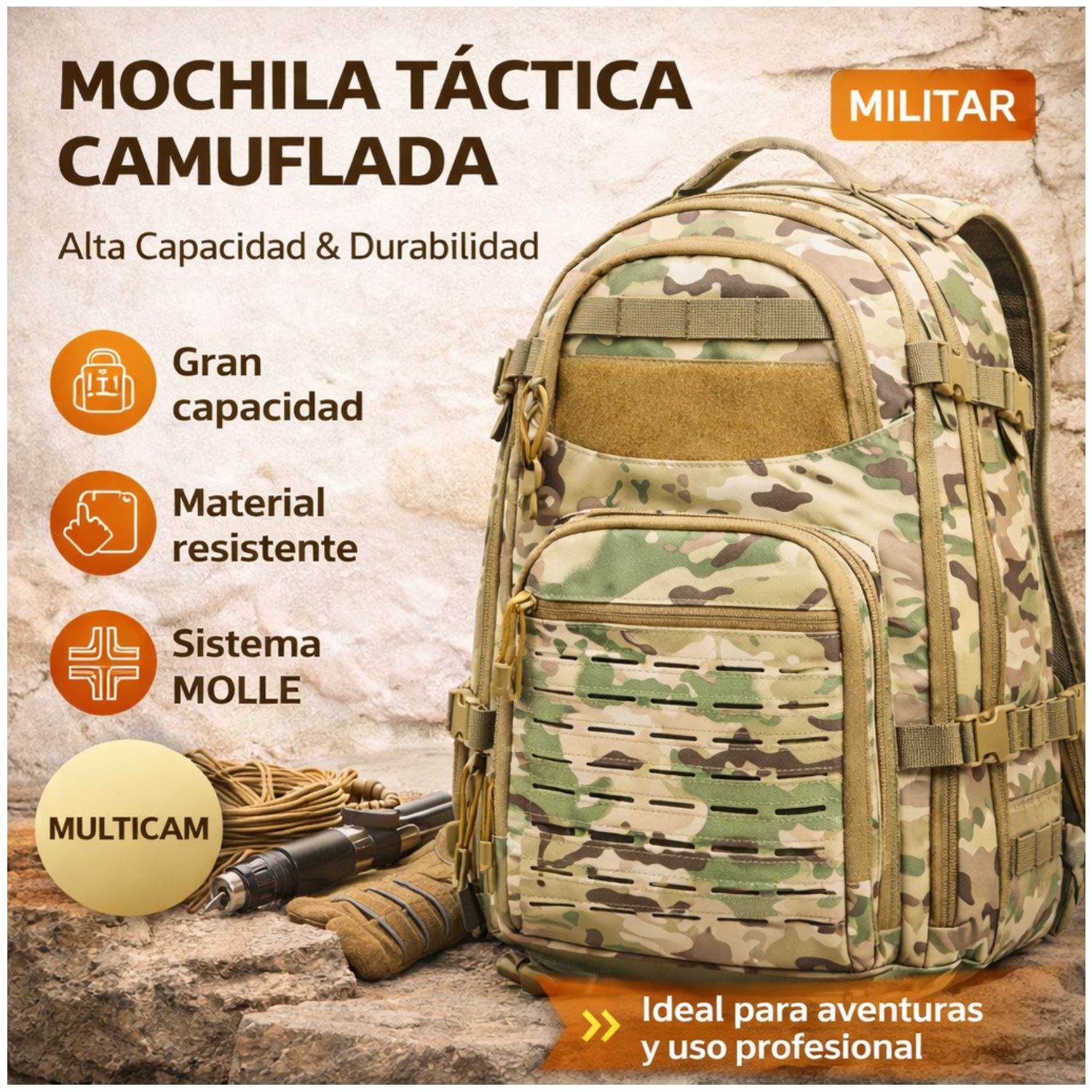 MOCHILA TÁCTICA MILITAR 50L SISTEMA MOLLE RESISTENTE IMPERMEABLE PARA CAMPING VIAJES TREKKING TRABAJO Y USO DIARIO - 4