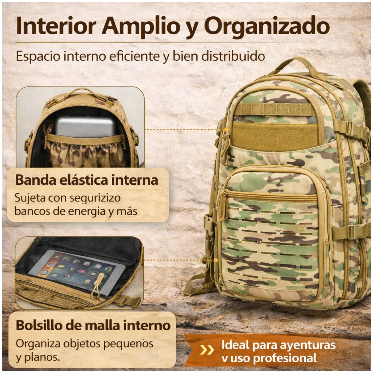 MOCHILA TÁCTICA MILITAR 50L SISTEMA MOLLE RESISTENTE IMPERMEABLE PARA CAMPING VIAJES TREKKING TRABAJO Y USO DIARIO - 5