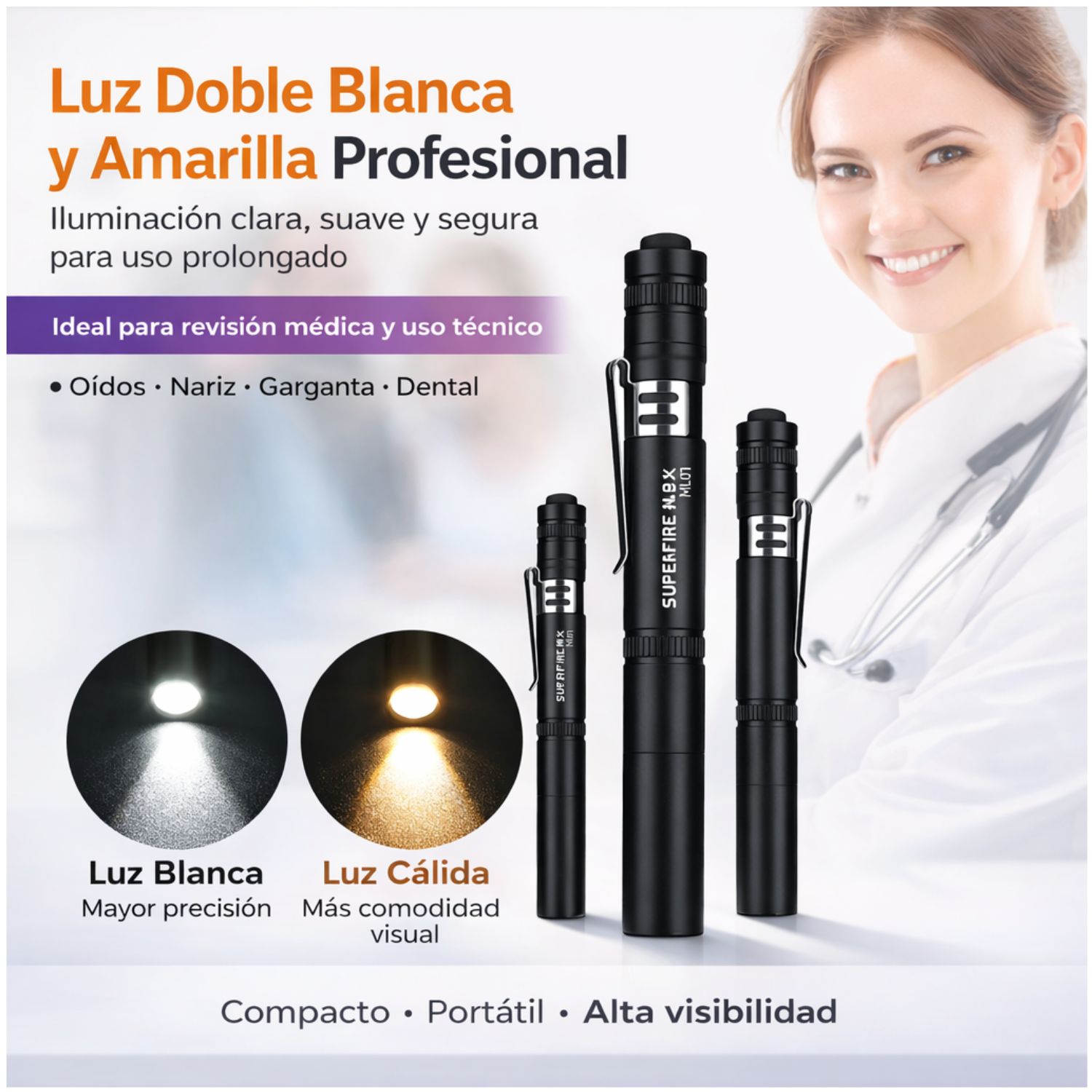 LINTERNA CLÍNICA PROFESIONAL LED PARA DIAGNÓSTICO LUZ BLANCA AMARILLA PORTÁTIL PARA OÍDOS NARIZ GARGANTA - 3