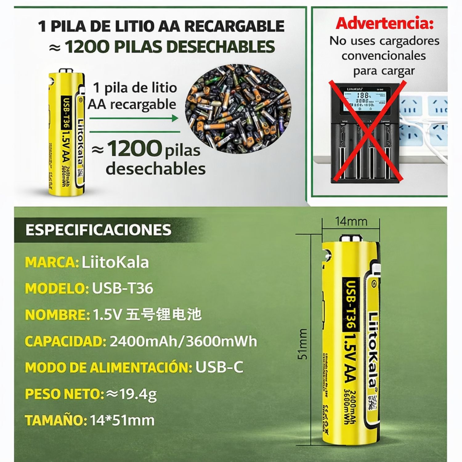BATERÍA AA RECARGABLE 1.5V USB LIITOKALA 2400MAH PARA CONTROLES, MOUSE Y JUGUETES - 4